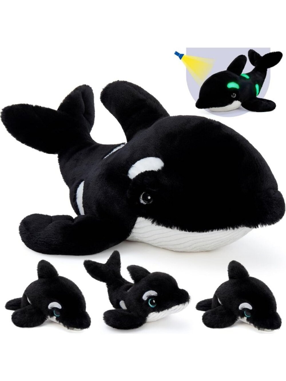 Large Glow in the Dark Orca Plush Toy with 3 Baby Whales - Huggable Ocean Animal